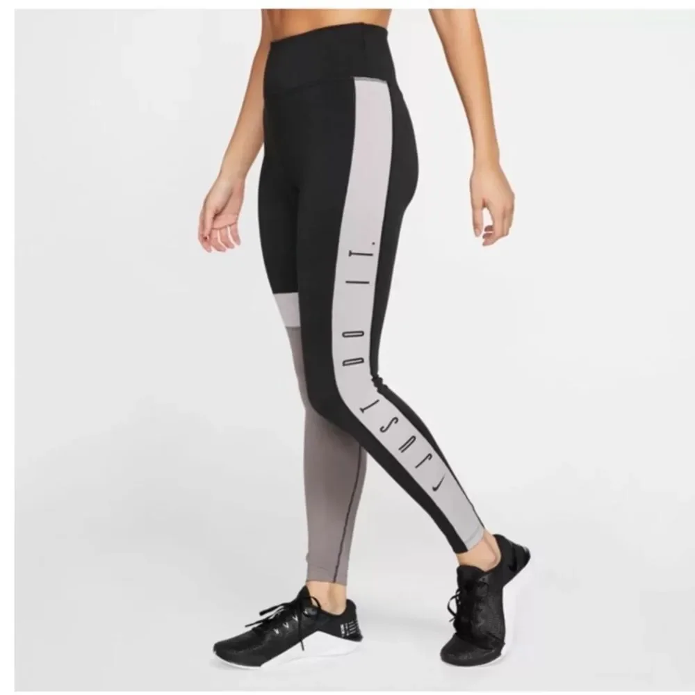 Nike Dri Fit Just Do It Spell Out Black Gray Colorblock Leggings Women Size XS